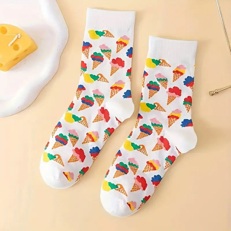 Women'S Fashion Ice Cream Print Mid-Calf Socks - Soft Cotton Blend, Hand Washable