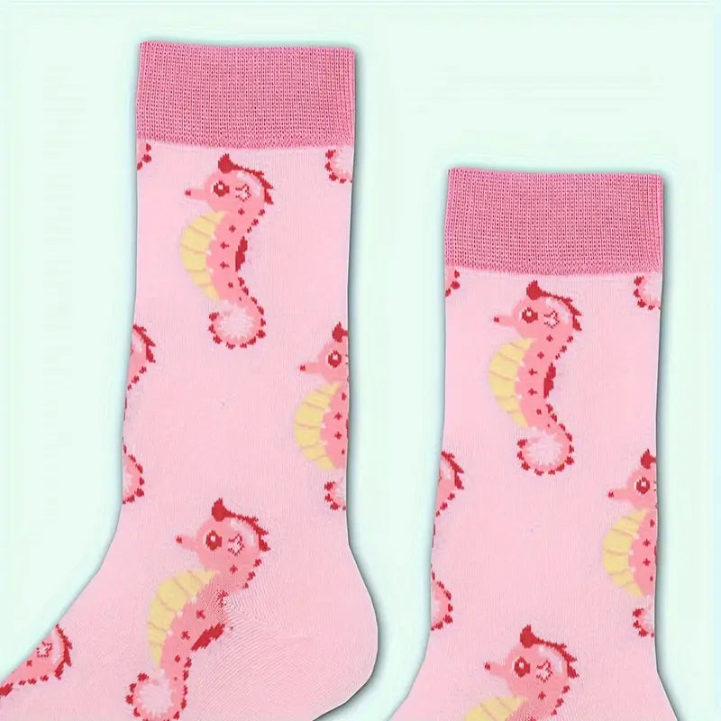 Women's Seahorse Knee-High Socks - Cute Animal Pattern, Knit Fabric, Comfortable Blend of Polyester 33%, Cotton 65%, Elastane 2%, One Pair