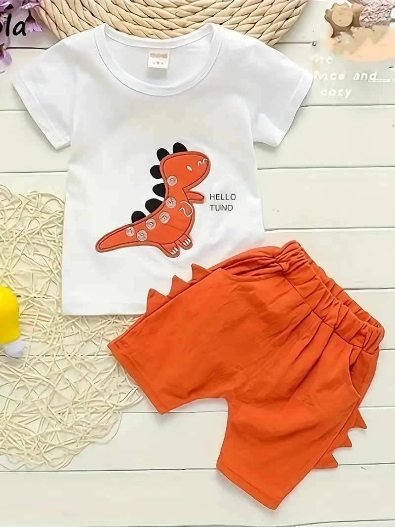 2-Piece Baby Boys Dinosaur Print Outfit, Casual Summer T-Shirt And Shorts Set, Comfortable Cotton Kid's Clothing