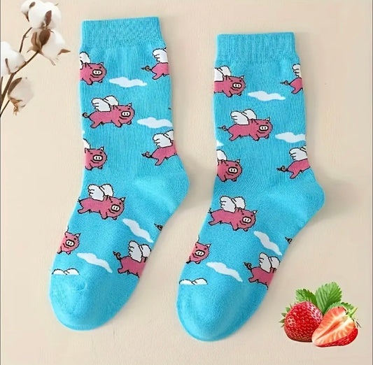 1 Pair Funny Cartoon Pattern Socks, Comfy & Breathable Mid Tube Socks, Women's Stockings & Hosiery - fall & winter