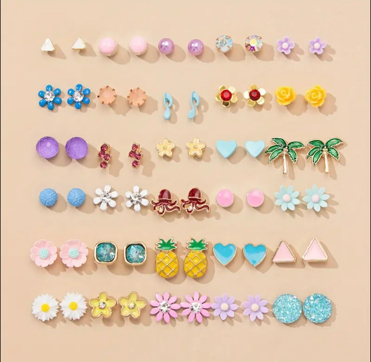 Pretty 30 Pairs Set Of Love Flower Pineapple Design Stud Earrings Zinc Alloy Jewelry Embellished With Rhinestones Adorable Earrings