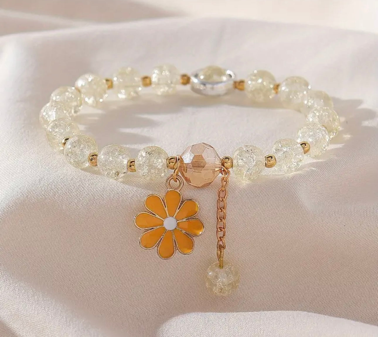 Summer Style Cracked Glass Beaded Daisy Pendant Bracelet Elastic Hand String For Women