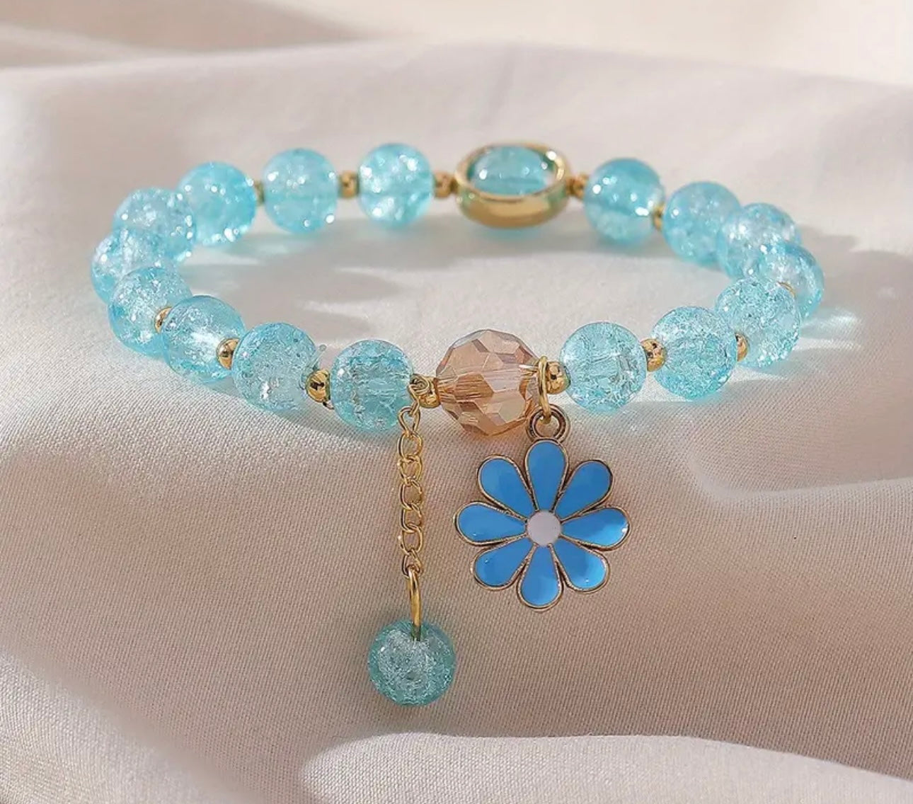 Summer Style Cracked Glass Beaded Daisy Pendant Bracelet Elastic Hand String For Women