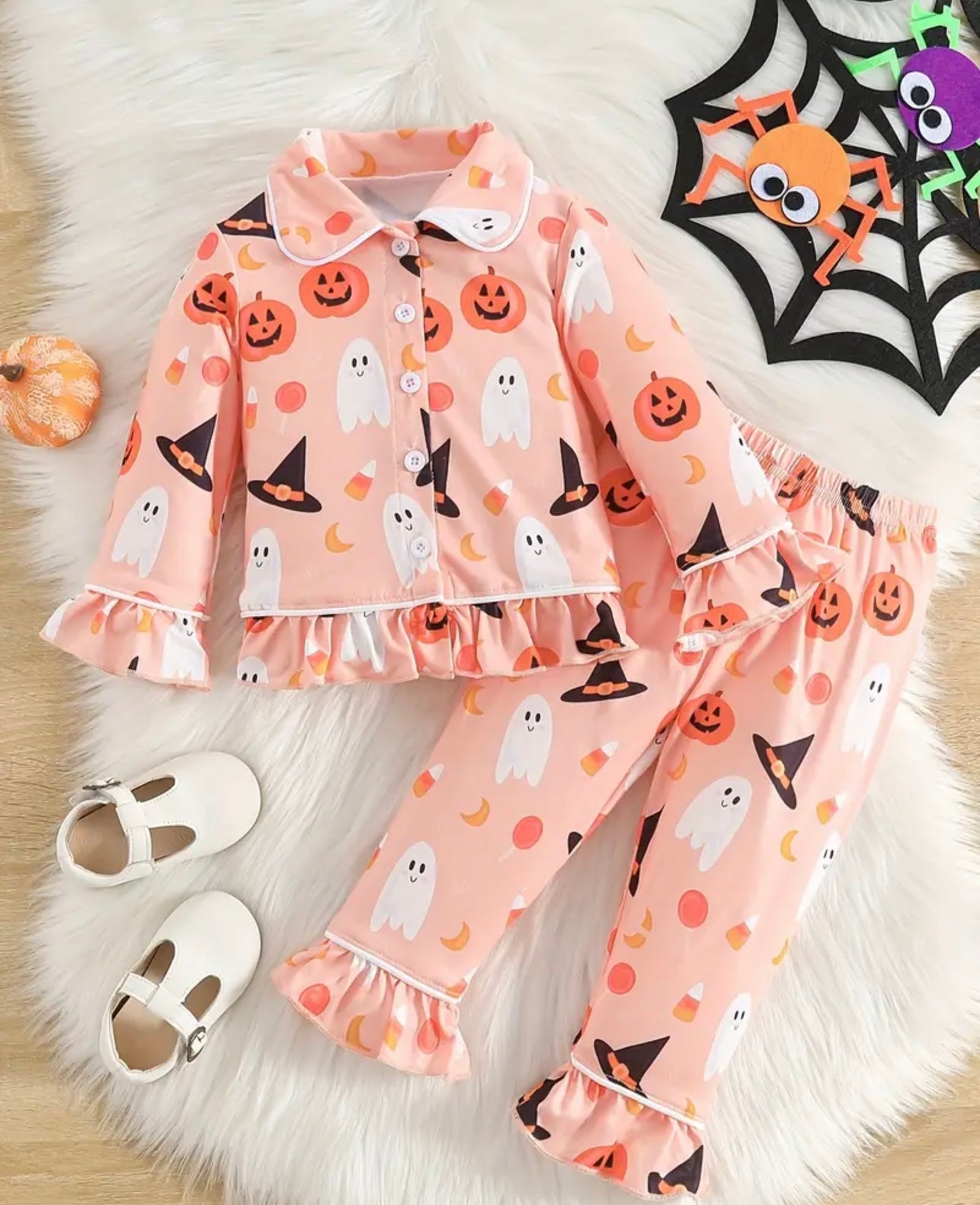 2 Pcs Baby Girl's Casual Underwear Set, Halloween Ghost Pumpkin Hat Print Lapel Ruffled Long Sleeve & Trousers, Comfy & Skin-friendly Set, As Daily Gift