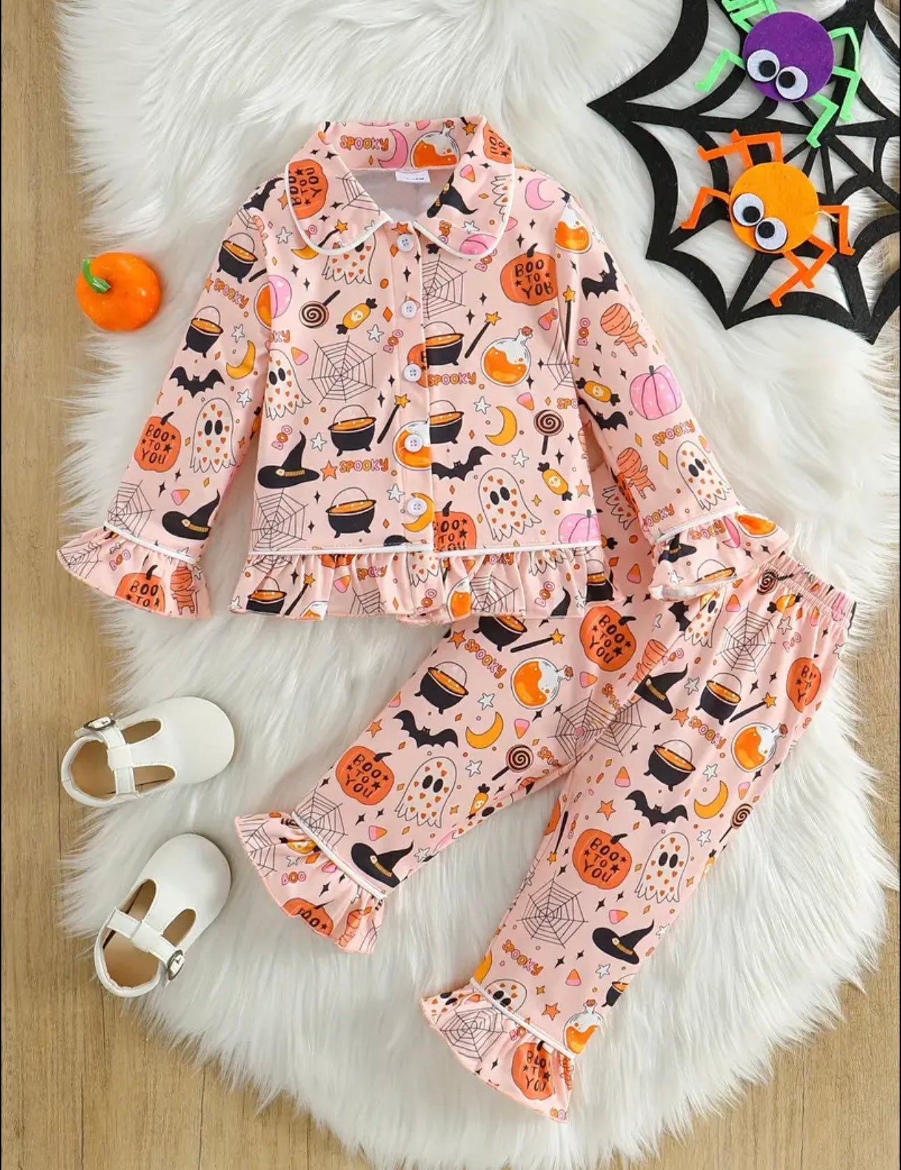 2 Pcs Baby Girl's Casual Underwear Set, Halloween Ghost Pumpkin Hat Print Lapel Ruffled Long Sleeve & Trousers, Comfy & Skin-friendly Set, As Daily Gift