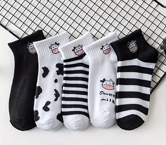 5 Pairs Cow Print Socks, Comfy & Breathable Short Socks, Women's Stockings & Hosiery