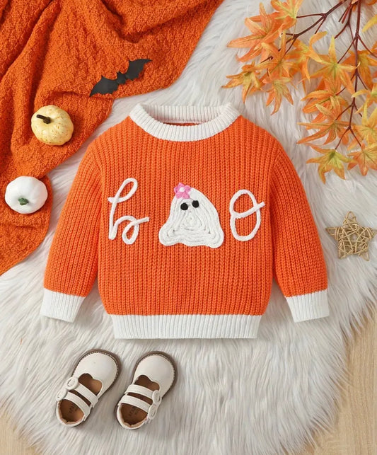 Toddler Unisex Halloween Knit Sweater - Cute Ghost Cartoon Crew Neck Pullover with Long Sleeves, Viscose Blend, Medium Stretch, Orange - Fall/Winter Collection