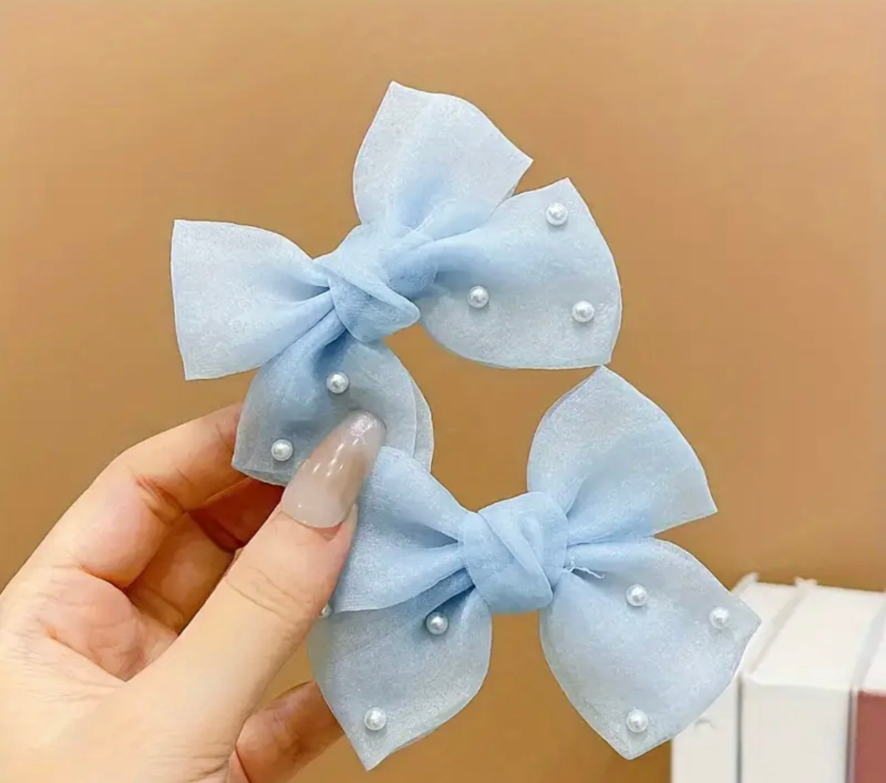 2pcs Sweet Cute Blue Faux Pearl Mesh Bow Hair Clips, Suitable For Party Holiday Hair Styling, Perfect Gifts For Girls