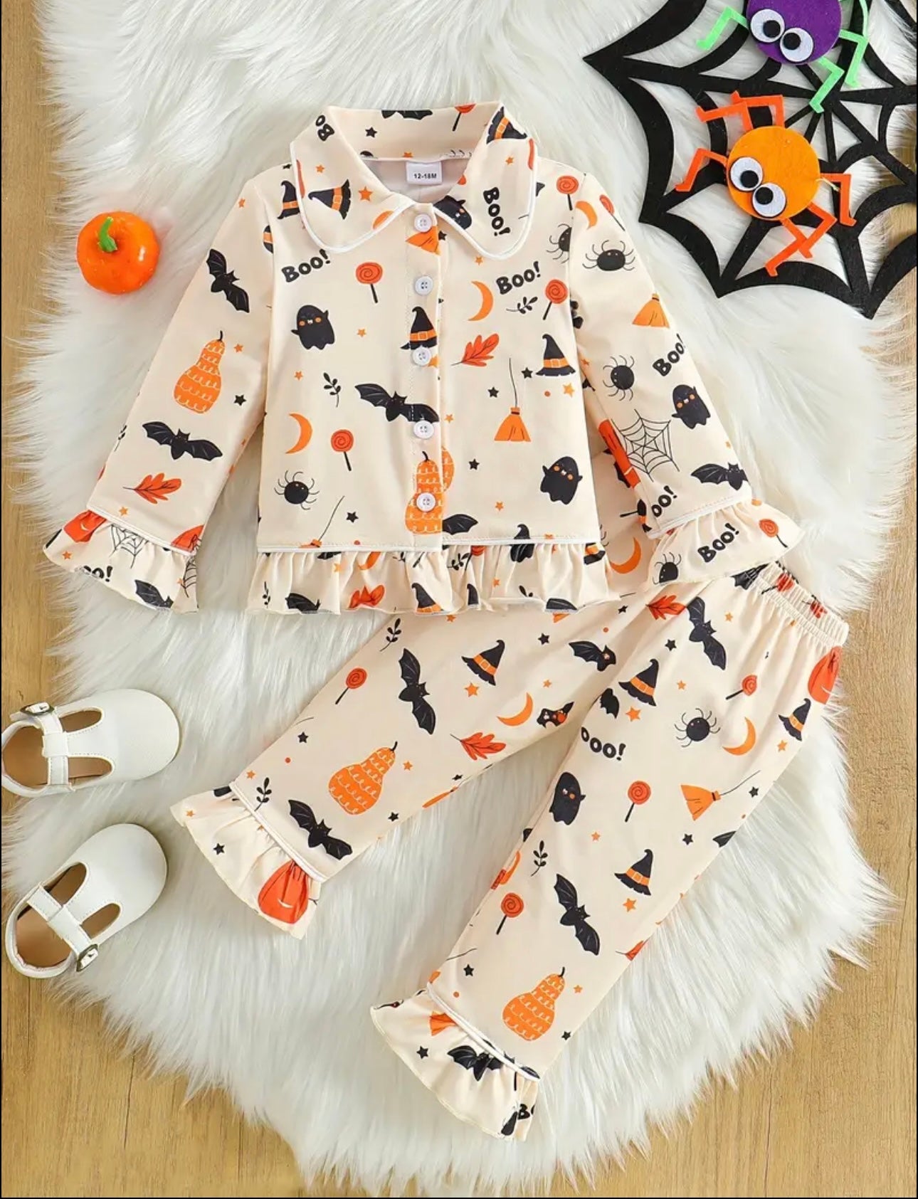 2 Pcs Baby Girl's Casual Underwear Set, Halloween Ghost Pumpkin Hat Print Lapel Ruffled Long Sleeve & Trousers, Comfy & Skin-friendly Set, As Daily Gift