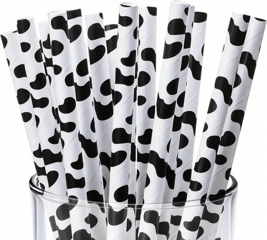 25pcs Cow Party Supplies Straws, Farm Birthday Party Supplies, Paper Straws, Cow Print Drinking Black And White Straws For Christmas, Halloween, Thanksgiving Day Gift