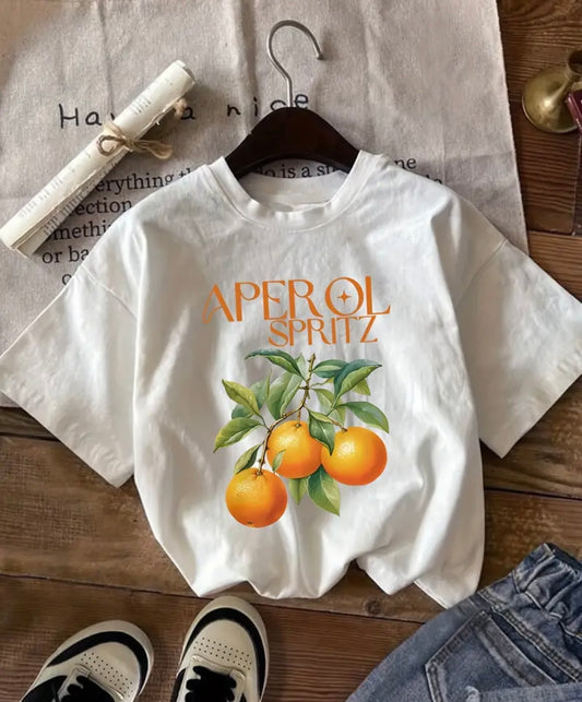 Oranges Print T-shirt, Short Sleeve Crew Neck Casual Top For Summer & Spring, Women's Clothing