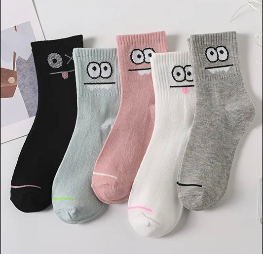 5 Pairs Funny Face Print Socks - Ultra-Soft and Breathable, Relaxed Fit, Mid-Calf Length - Designed for Women, Perfect for Stockings and Hosiery Lovers