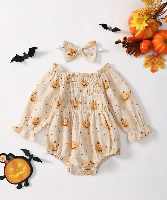 Baby's Cartoon Pumpkin Polka Dots Pattern Shirred Cotton Long Sleeve Triangle Bodysuit, Toddler & Infant Girl's Onesie & Bow Hairband