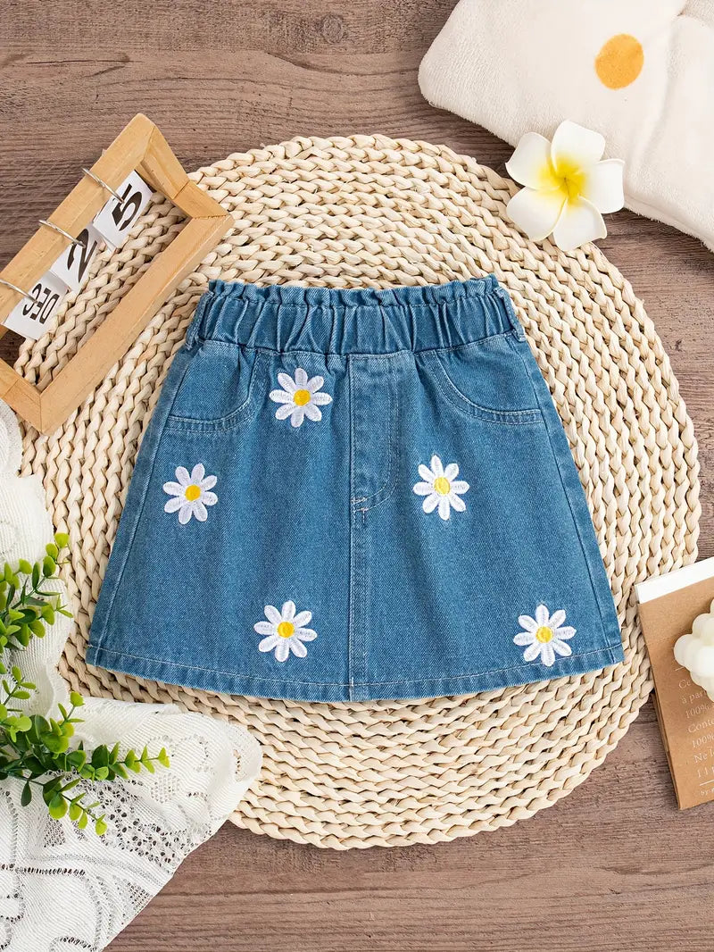 Girls' Denim Skirt with Daisy Embroidery, Casual Style, Elastic Waist, A-line Mini Skirt, Kids Fashion, Summer Essentials