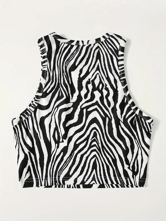 Women's Zebra Print Crop Top Tank Sleeveless Activewear, Spring/Summer Thin Sporty Tank Top, Casual Athletic Shirt