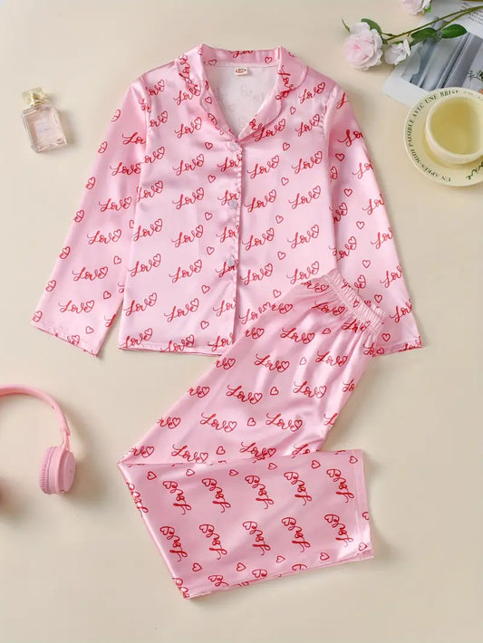 New 2024 2 Pcs Girls Cute Pajama Sets, Letter & Heart Print Short Shirts & Shorts, Comfortable & Cute Style Princess Pajamas For Girls Cozy Loungewear