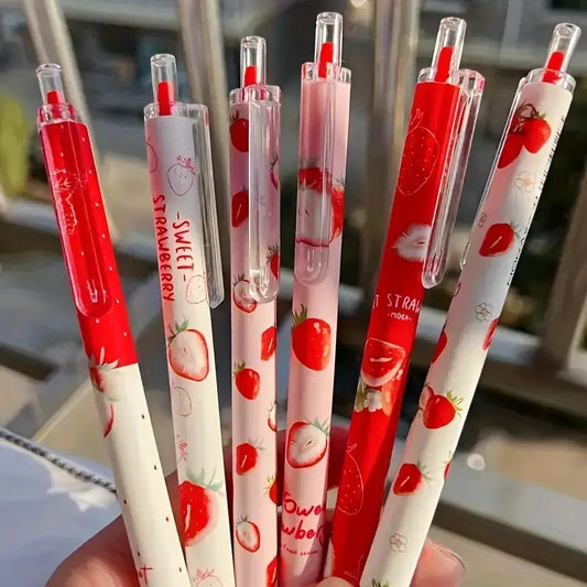 6pcs/set Of Cute Strawberries With Black Pen And Good Looking Fruit Pressed Gel Pen For Examinations