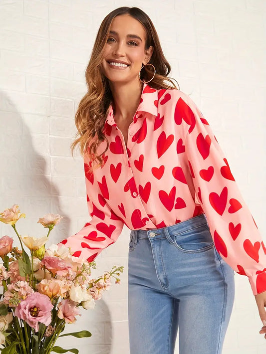 Heart Print Button Front Shirt, Casual Long Sleeve Shirt For Spring & Fall, Women's Clothing