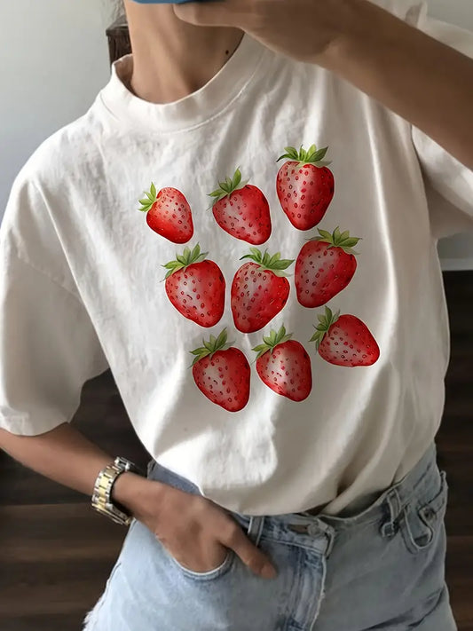 Strawberry Print T-shirt, Short Sleeve Crew Neck Casual Top For Summer & Spring, Women's Clothing