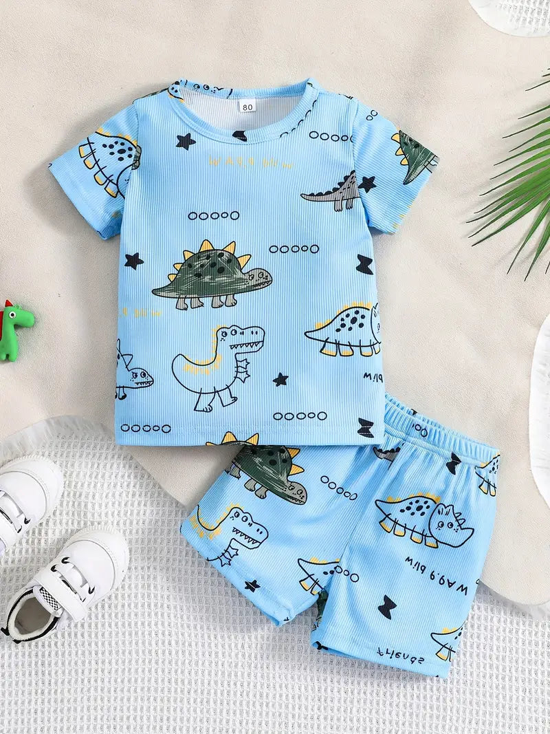 2pcs Baby Boy's Cute Dinosaur Round Neck T-shirt & Shorts Set, Child's Trendy Sweatshirt Two-piece Set