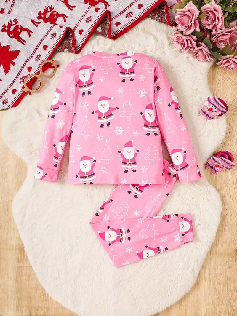 1 Set Girl's Santa Full Print Long-Sleeve Top + Casual Jogger Pants - Sweet Comfy Pink Christmas Girls Outfit, As Gift