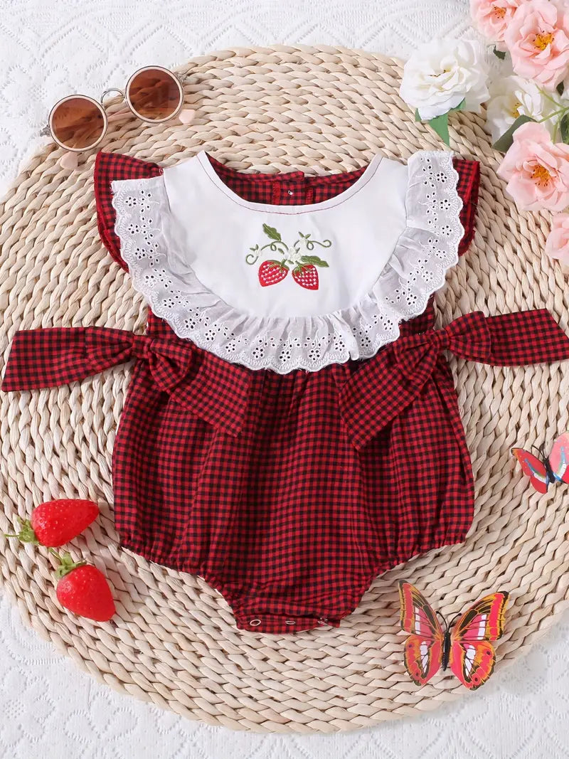 Strawberry Embroidered Bowknot Onesie - Plaid Ruffle Trim - Perfect for Everyday and Special Occasions