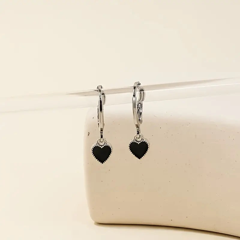 Black Enamel Heart Design Dangle Earrings Elegant Simple Style Alloy Jewelry Trendy Gift For Lovers