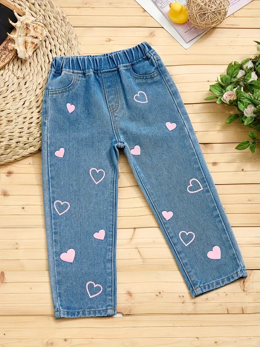 Girls' Cotton Denim Pants With Heart Prints, Basic Style, Elastic Waist, Casual Blue Jeans