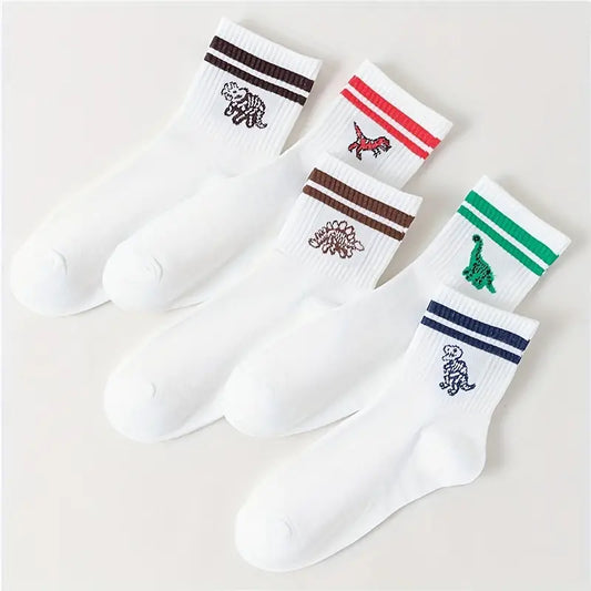 5 Pairs Ultra-Soft Stripe & Dinosaur Print Womens Ribbed Socks - Comfy, Moisture-Wicking Mid Tube Sock Set with Versatile Designs - A Fashionable Assorted Colors Stockings & Hosiery for Everyday Wear