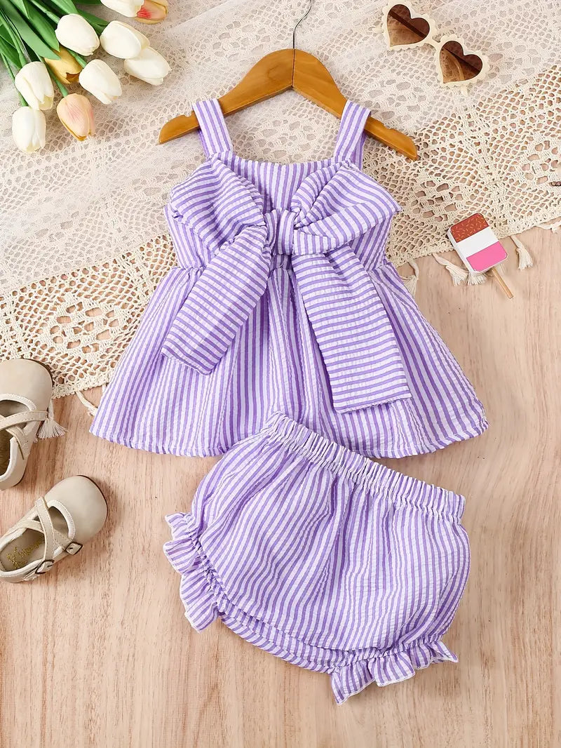 Baby's Cute Bowknot Decor 2pcs Casual Summer Outfit, Sleeveless Peplum Top & Ruffle Trim Shorts Set, Toddler & Infant Girl's Clothes For Daily/Holiday/Party