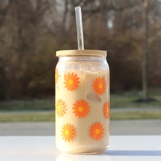 1pc, Daisy Pattern Drinking Glass With Lid And Straw, 16.9oz Can Shaped Water Cup, Cute Flower Iced Coffee Cup, For Beer, Juice, Milk, Birthday Gifts, Summer Drinkware