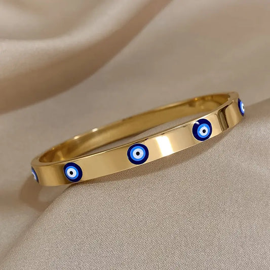 Gold-Plated Stainless Steel Evil Eye Cuff Bracelet - Unisex, Perfect For Daily Wear & Special Occasions Like Valentine'S & Mother'S Day, Ideal Summer Beach Accessory