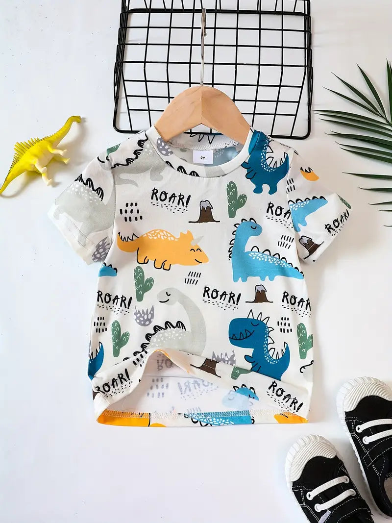 Toddler Boys Cute Dinosaur Print T-shirt Crew Neck Short Sleeve Tees, Kids Clothing For Summer