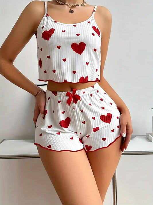 Heart Print Cute Casual Shorts Set, Cami Top & Bow Decor Elastic Waist Shorts Outfits For Summer, Women's Clothing