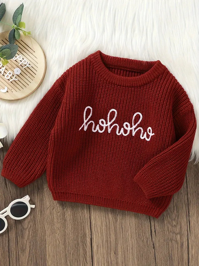 Baby's HOHOHO Embroidery Sweater, Casual Cable Knit Long Sleeve Top, Toddler & Infant Girl's Clothing For Fall Winter