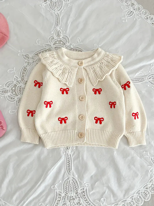 Baby Girl Cute Bow Pattern Embroidery Ruffle Knit Cardigan Top