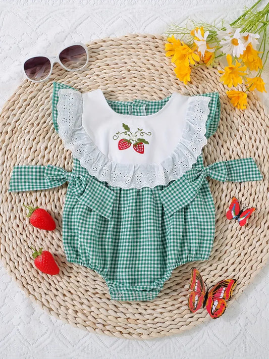 Strawberry Embroidered Bowknot Onesie - Plaid Ruffle Trim - Perfect for Everyday and Special Occasions