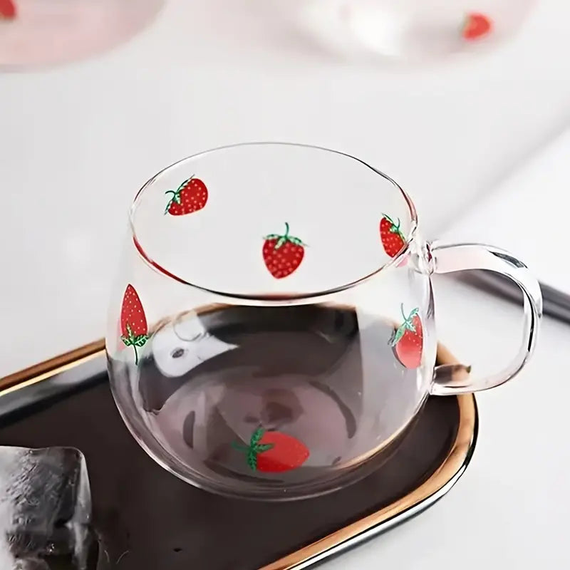 Strawberry-Themed Glass Cup Set For Oatmeal, Coffee, Juice & More - Perfect For All Seasons Glass Cup With Straw Iced Coffee Cup With Lid And Straw