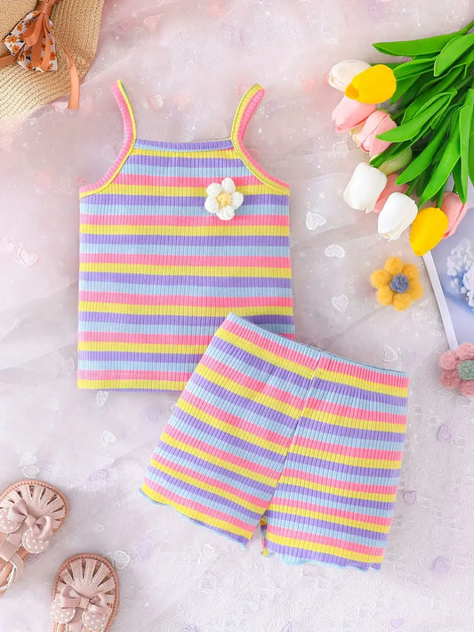 Baby's Colorful Stripe Pattern 2pcs Ribbed Summer Outfit, Flower Decor Cami Top & Shorts Set, Toddler & Infant Girl's Clothes For Daily/Holiday, As Gift