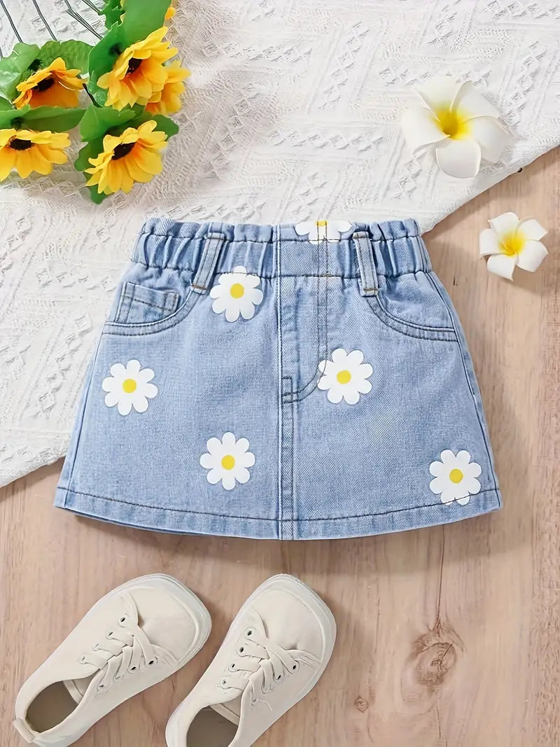 Baby's Casual Cartoon Flower Print Denim Skirt, Elastic Waist Skirt, Infant & Toddler Girl's Clothing