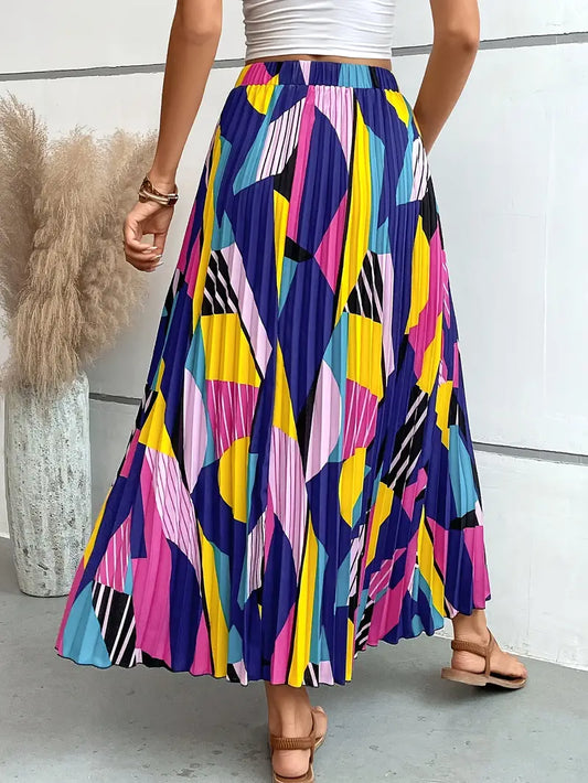 Vibrant Color Block High Waist Pleated A-Line Skirt - Elegant Spring Summer Essential with Polyester Fabric, Random All Over Print, and Customized Style - Perfect for Womens Clothing and Outdoor Activities