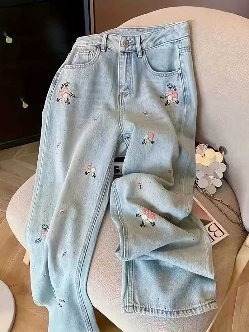 High Waist High-Rise Straight Leg Jeans For Women, Cotton Blend, Spandex Stretch, Relaxed Fit, Embroidered Floral Pattern, Long Length, Zipper Closure, Casual Outwear For Spring/Autumn