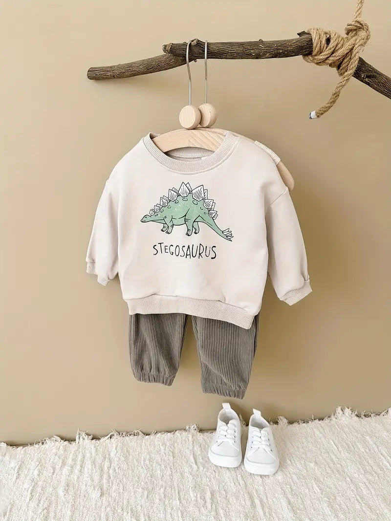 Baby's Cartoon Dinosaur Print 2pcs Casual Outfit, Drop Shoulder Sweatshirt & Sweatpants Set, Toddler & Infant Boy's Clothes For Spring And Autumn