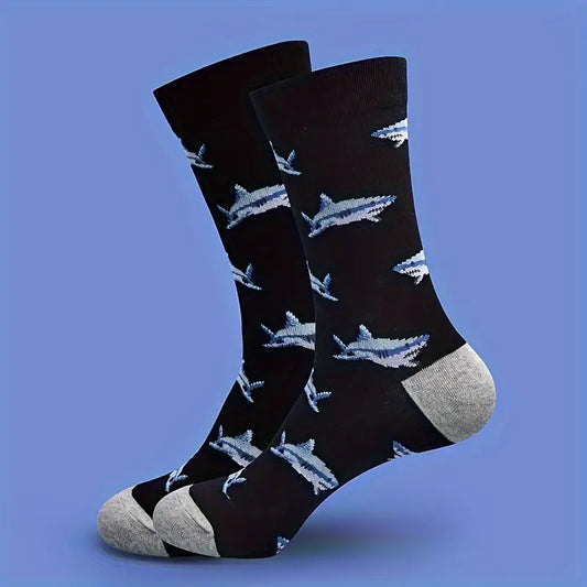 1Pair Of Men's Novelty Cartoon Shark Pattern Crew Socks, Breathable Cotton Blend Comfy Casual Unisex Socks For Men's Outdoor Wearing All Seasons Wearing