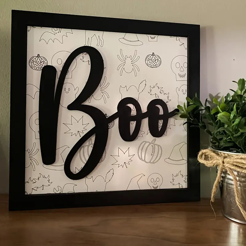 Rustic Halloween Sign Decor - "Boo" Themed Manufactured Wood Plaque - Tabletop Display, No Electricity Needed - Versatile Holiday Decoration with Pumpkin & Ghost Motifs