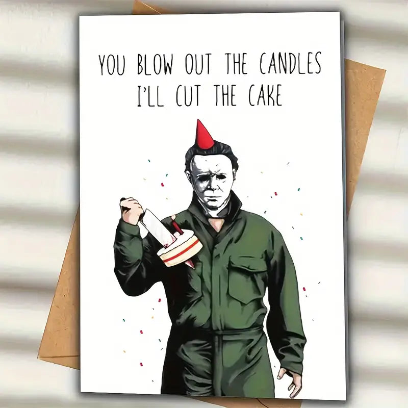 "Creepy" Funny Horror Movie-Themed Birthday Card With Red Party Hat - 'You Blow Out The Candles, I'Ll Cut The Cake' Greeting - Perfect For Friends & Halloween Celebrations - Solid Color Paper Cardstock, 1pc