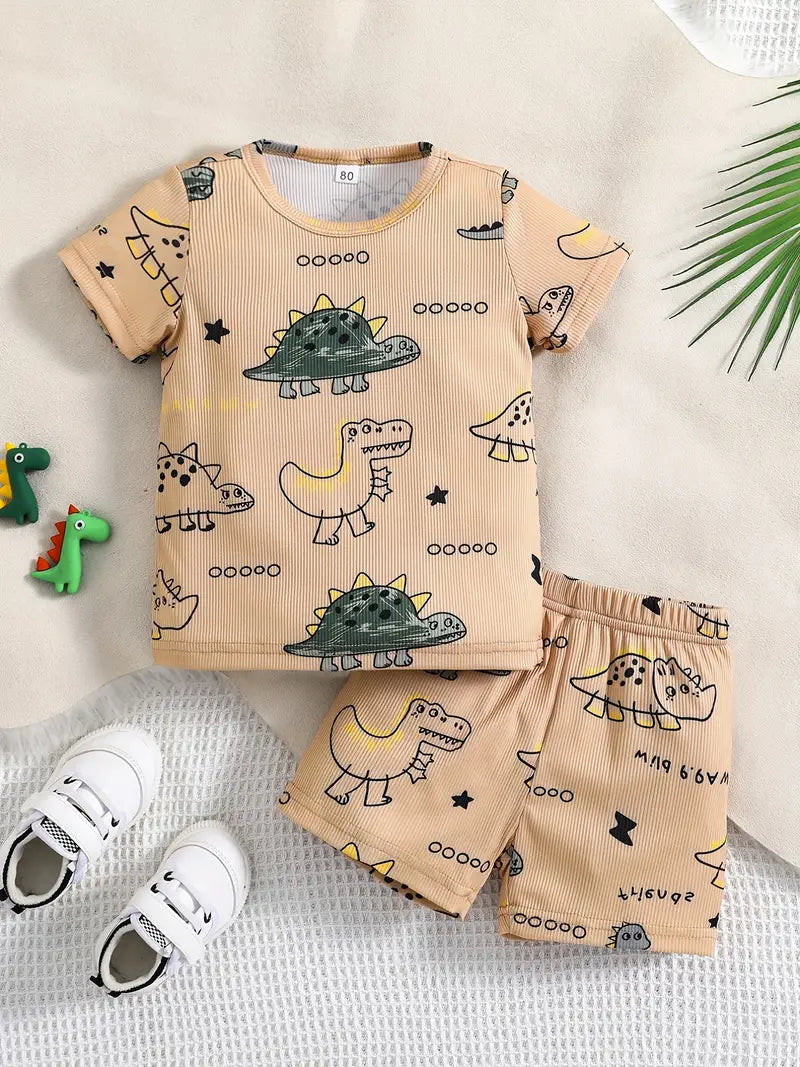 2pcs Baby Boy's Cute Dinosaur Round Neck T-shirt & Shorts Set, Child's Trendy Sweatshirt Two-piece Set