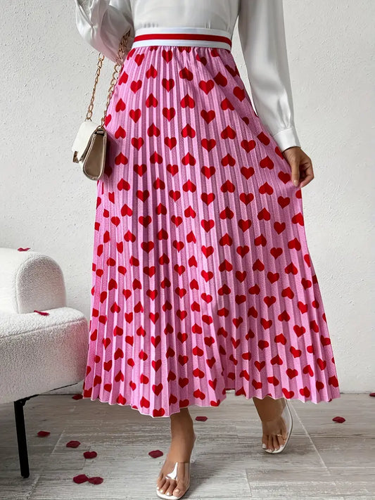 Heart Print Elastic Waist Band Skirt, Casual A-line Pleat Skirt For Spring & Summer, Women's Clothing