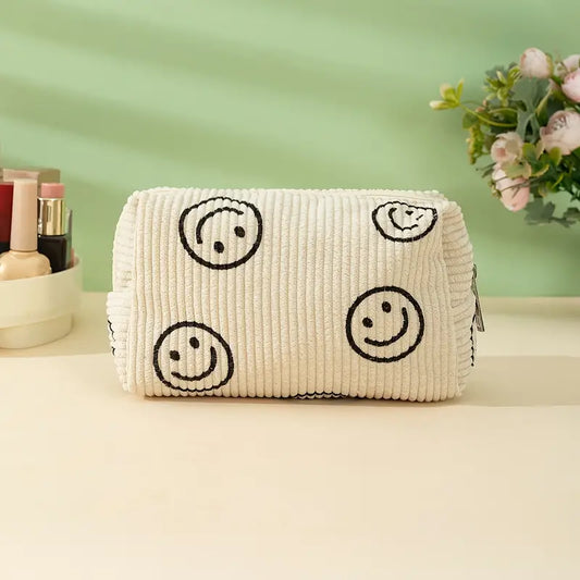 Vintage Corduroy Smile Face Makeup Bag - Adorable Zippered Cosmetic Organizer for Women - Trendy Travel Pouch, Perfect for Storing Beauty Essentials On-the-Go