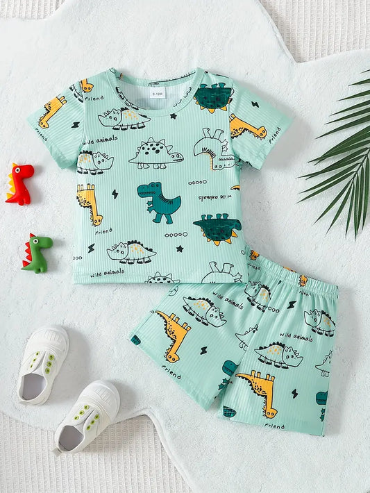 2pcs Baby Boys Adorable Dinosaur Print Summer Set - Soft Ribbed T-shirt & Lightweight Shorts - Comfortable, Vibrant Colors for Playful Days